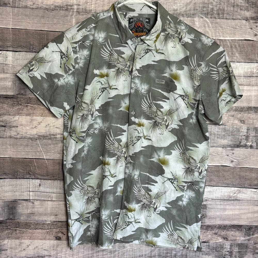 Retro Rifle The Rooster Shirt Mens XL Gray Camo Bird Graphic Button Up